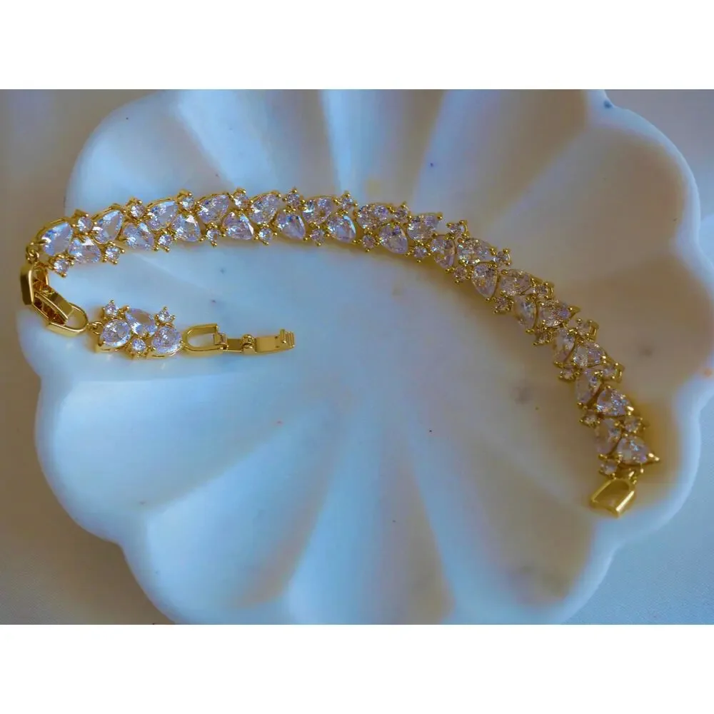 Gold Bridal CZ Bracelet – Adjustable 7–8 Inch, Elegant Wedding Jewelry